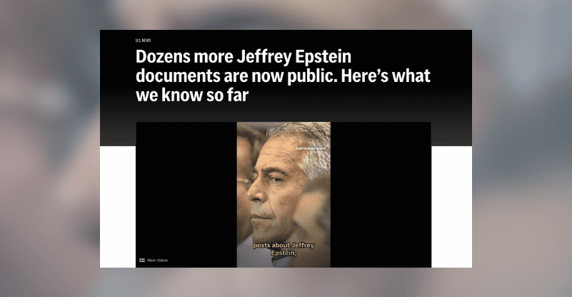 Screenshot artykułu w AP News. Na górze czarny tytuł: Dozens more Jeffrey Epstein documents are now public. Here’s what we know so far, pod spodem nagranie wykorzystujące zdjęcia Jeffreya Epsteina.