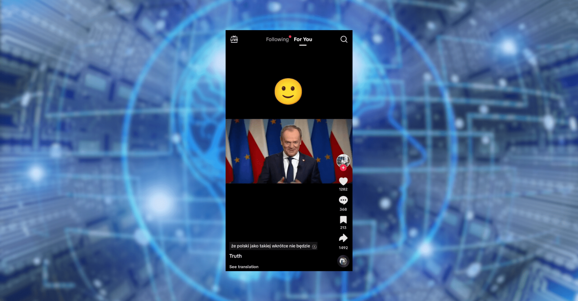 Screenshot tiktoka będącego deepfake’iem z wykorzystaniem wizerunku Donalda Tuska