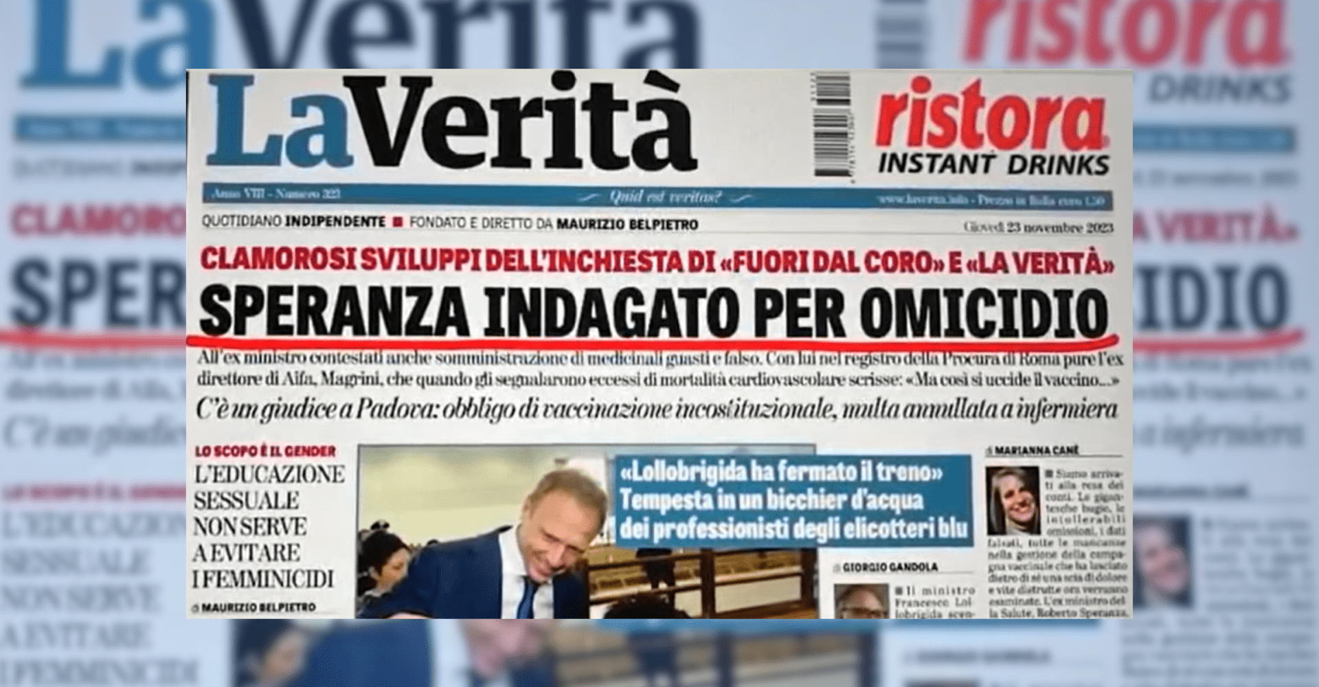 Screenshot włoskiej gazety przedstawiającej nieprawdziwe informacje dotyczące włoskiego ministra zdrowia