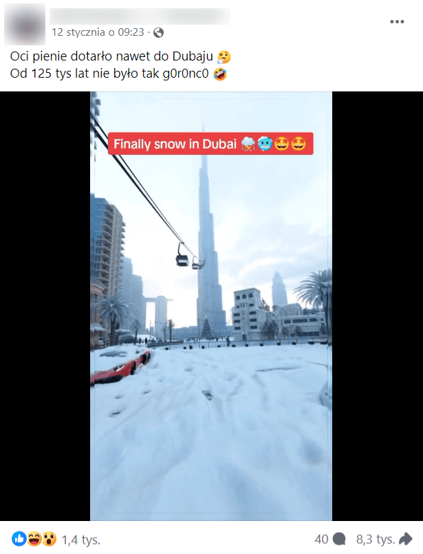 Zrzut ekranu wpisu na Facebooku, w którym na nagraniu przedstawiono śnieg w Dubaju. Na filmie widać biały puch, który leżał na ulicach miasta pod Burdż Chalifa.