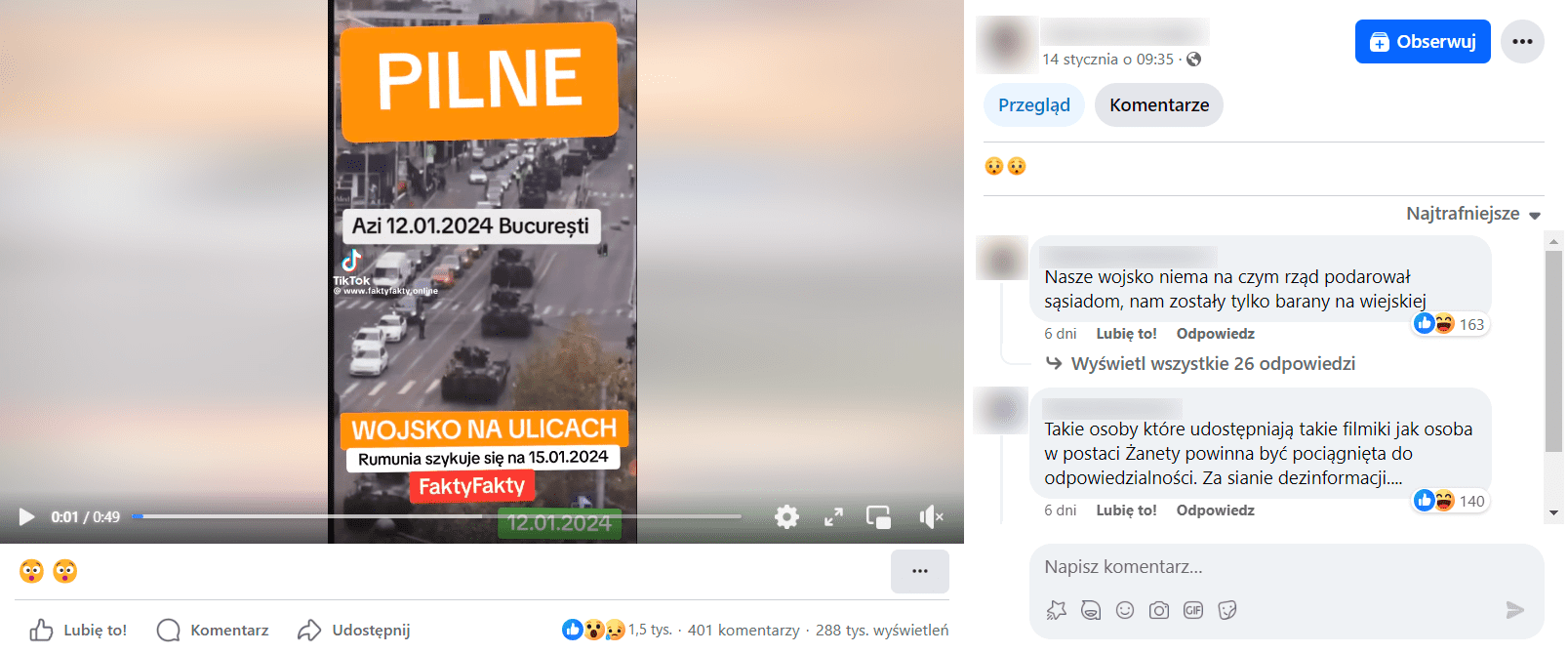 Zrzut ekranu z posta na Facebooku. Nagranie przedstawiające poruszającą się kolumnę czołgów i informacja, że film pochodzi z Bukaresztu i został zrobiony 12 stycznia 2024 roku. 1,5 tys. reakcji, 401 komentarzy, 288 tys. wyświetleń. 