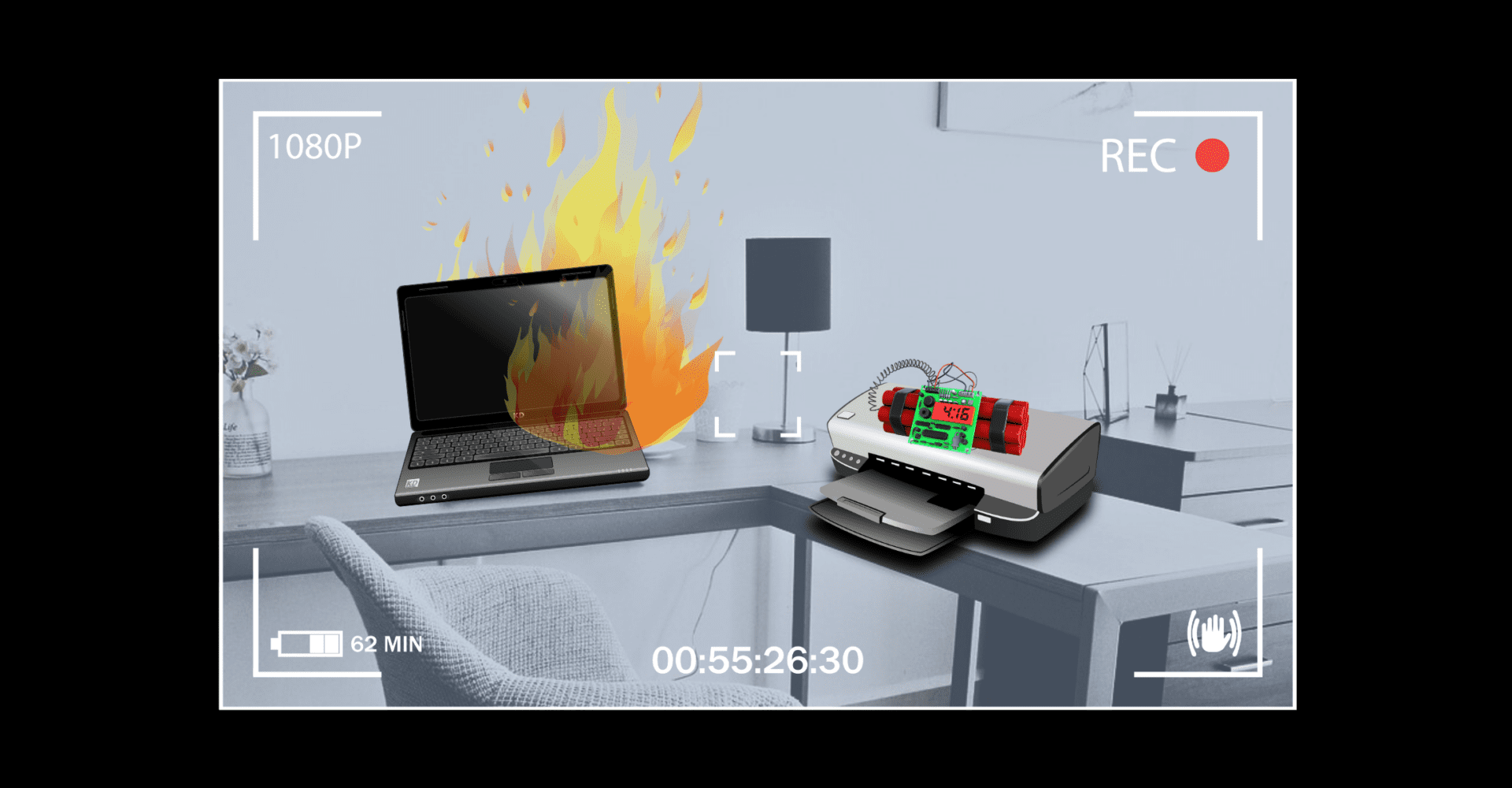 Laptop w płomieniach i drukarka z detonatorami na biurku