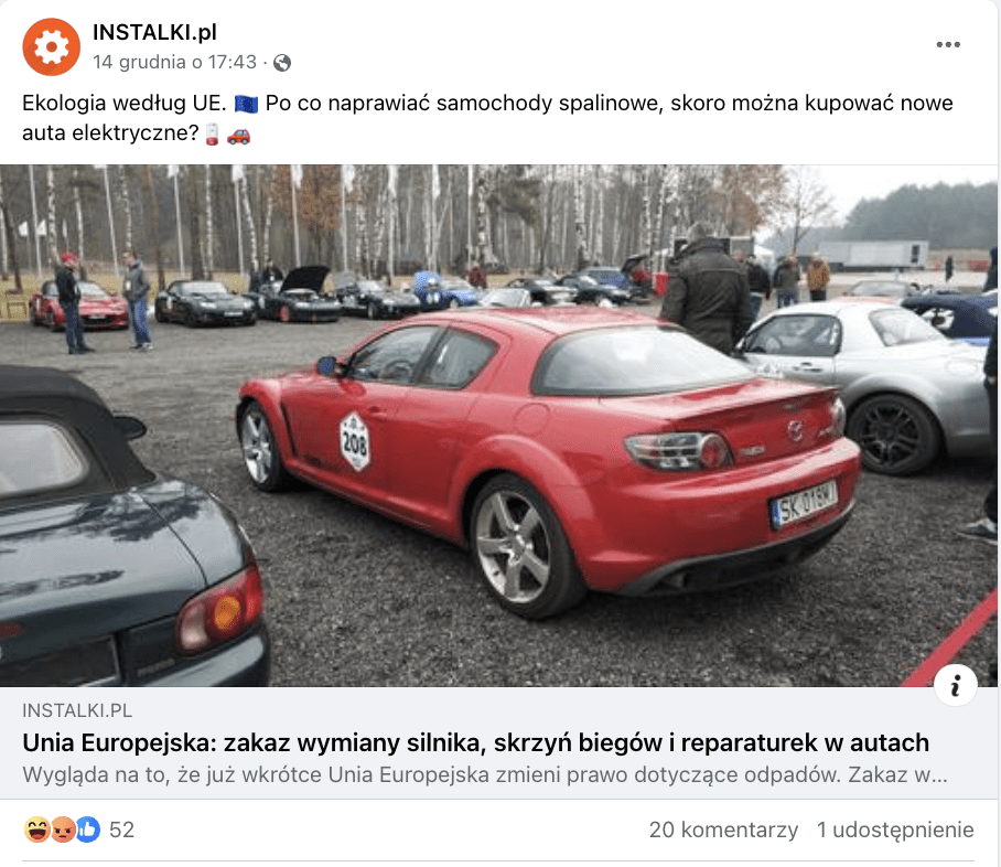 Zrzut ekranu z Facebooka. Na zdjęciu widać stojące obok siebie sportowe samochody.