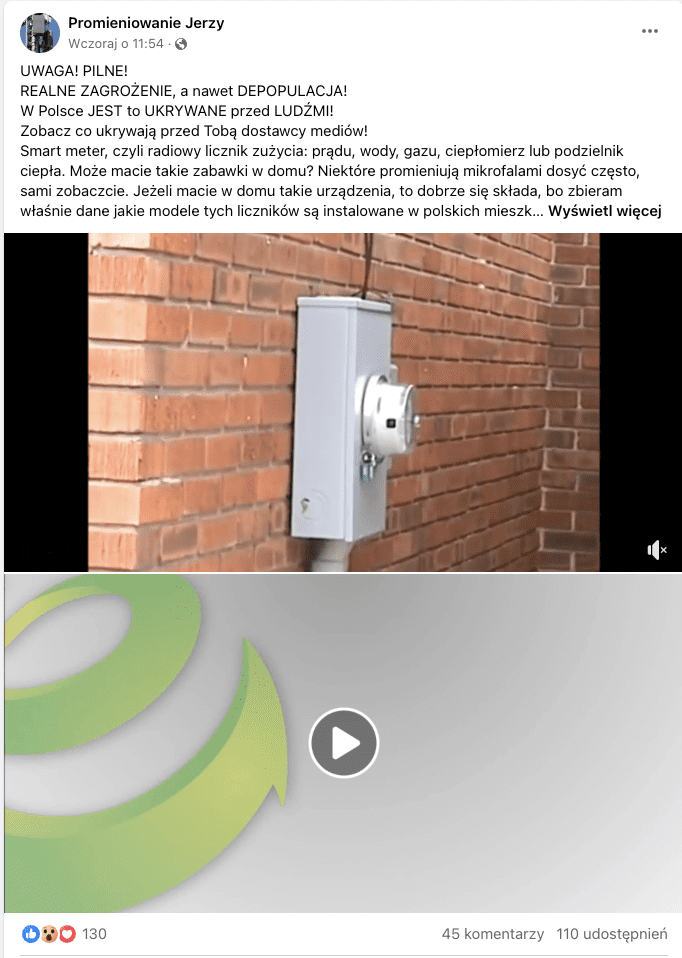 Zrzut ekranu z Facebooka. Do posta dołączono zdjęcie licznika na domu oraz kadr filmu, na którym oglądamy zieloną wstęgę na szarym tle.