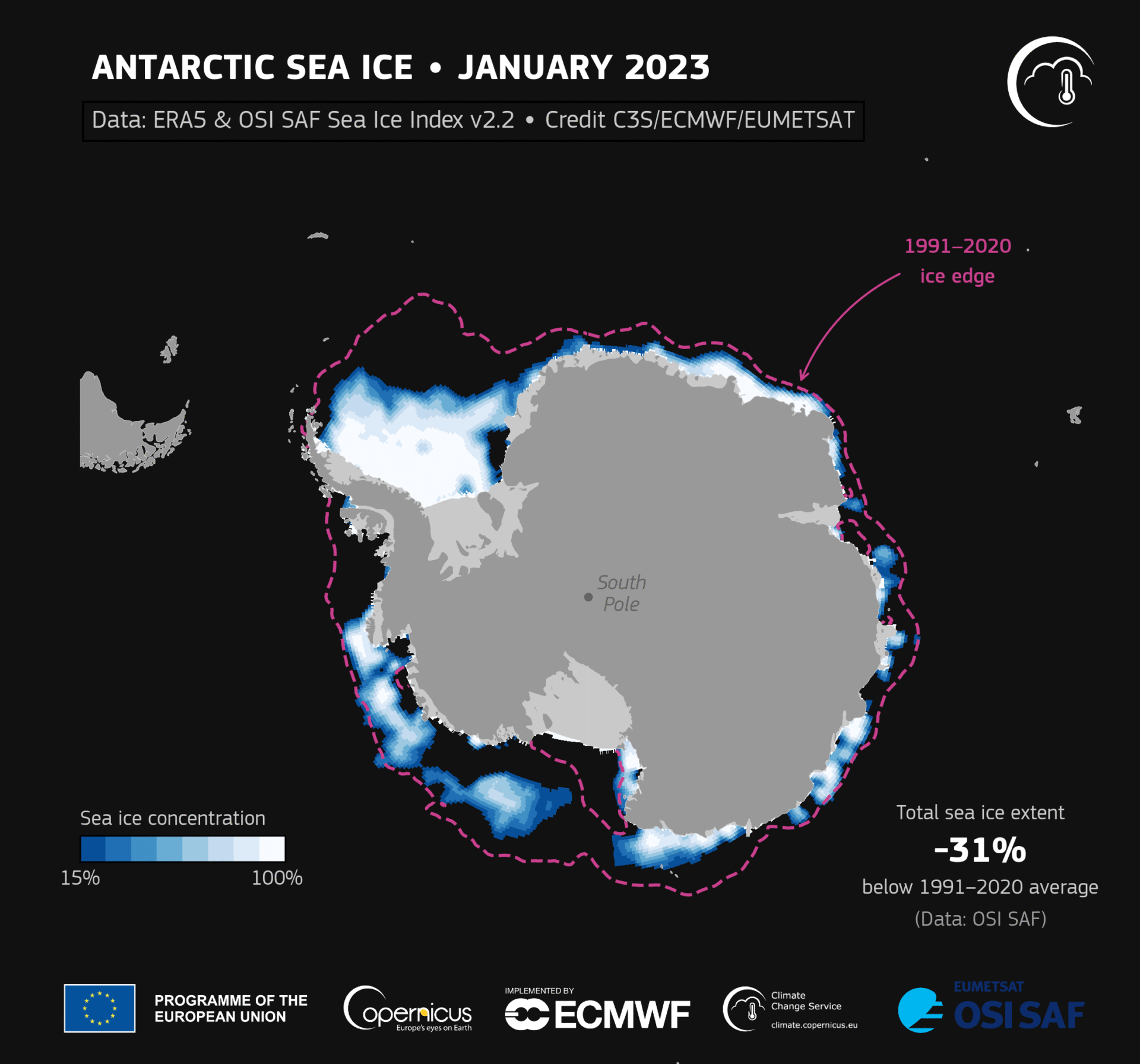 Zmiany powierzchni lodu na Antarktyce w poszczególnych miesiącach 2023 roku z okresem referencyjnym: 1991–2020, fot. C3S / ECMWF / EUMETSAT / https://climate.copernicus.eu/global-climate-highlights-2023# / Modyfikacje: Demagog