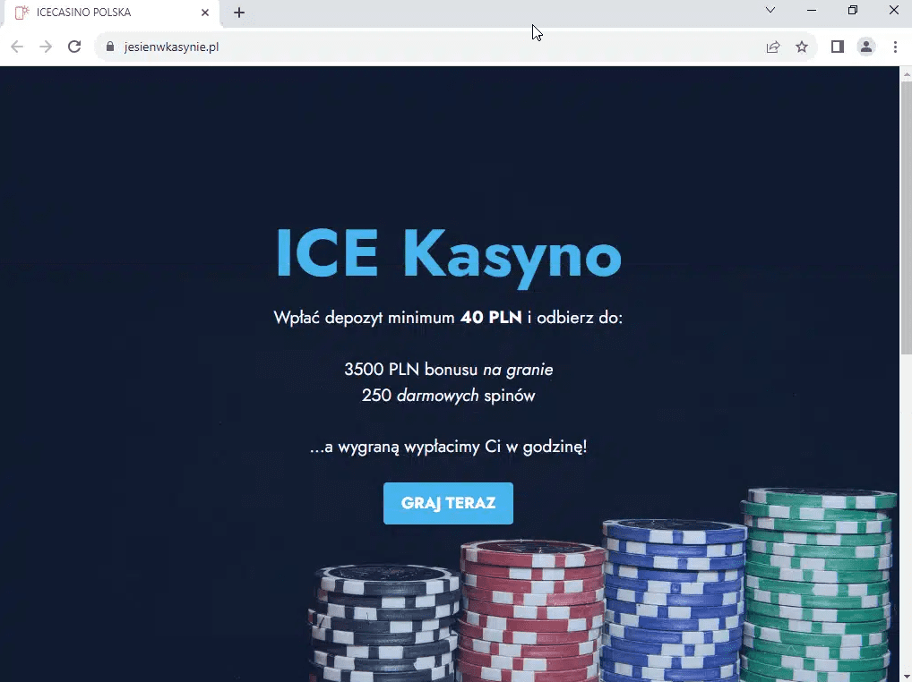 Zrzut ekranu ze strony Ice Kasyno, na którym znajduje się informacja o bonusie na start oraz przycisk, który przekierowuje do gry w kasynie.