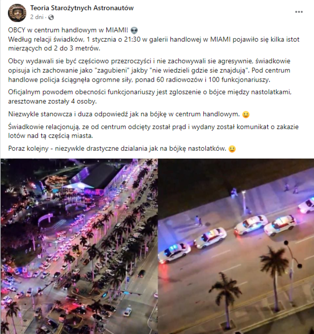 Wpis na Facebooku podający teorie spiskowe wokół wydarzeń, które miały miejsce w USA. Na zdjęciach widać ulice miasta zapełnione radiowozami policji.