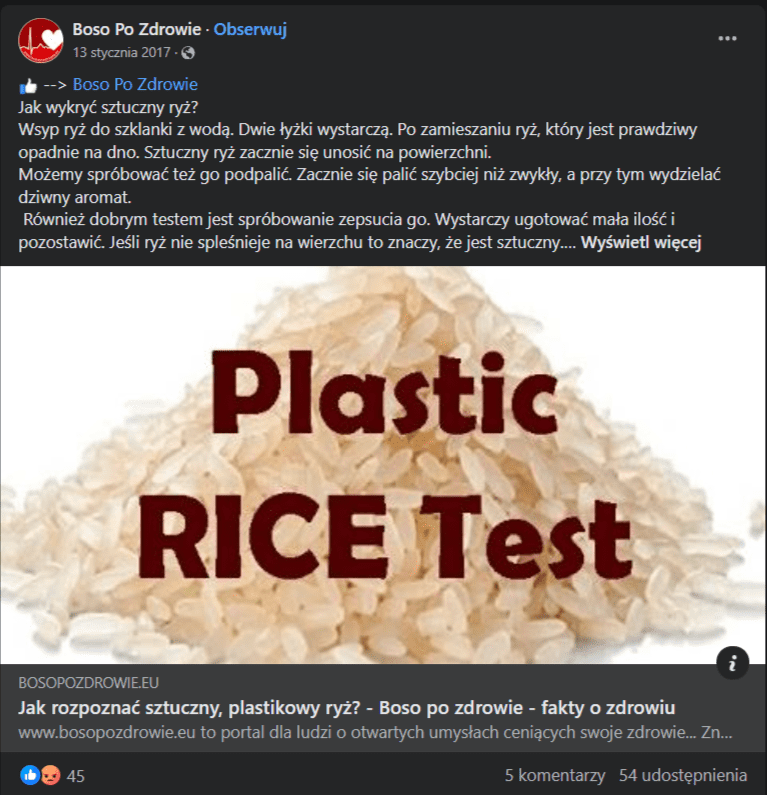 Zrzut ekranu z Facebooka, pokazujący post portalu „Boso Po Zdrowie z 13 stycznia 2017 roku” Post mówi o tym, jak poradzić sobie z rzekomym plastikowym ryżem. Został udostępniony 54 razy, zdobył 5 komentarzy i 45 reakcji.