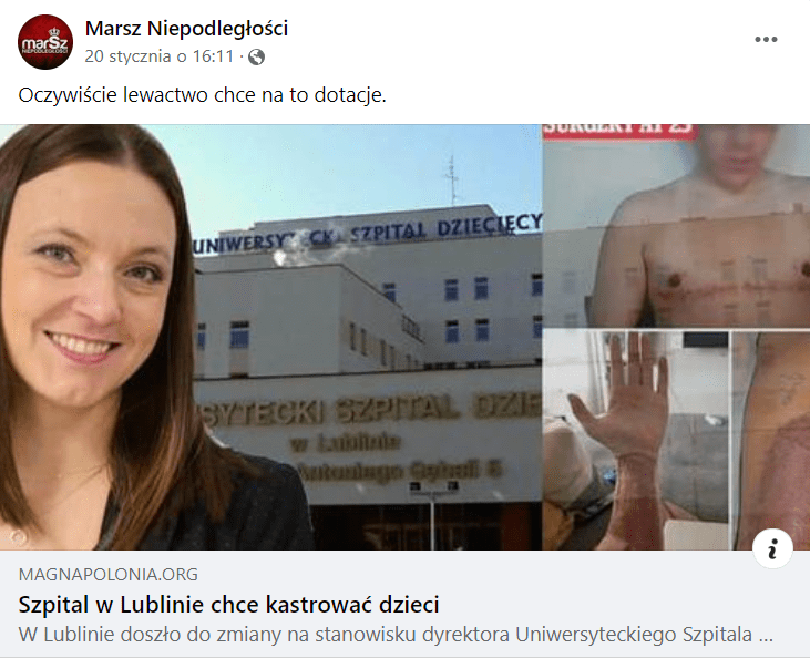 Zrzut ekranu na Facebooku. Na tle szpitala widzimy nową dyrektor. Kobieta ma ciemne włosy i uśmiecha się. Na screenie znajduje się także nagi mężczyzna.