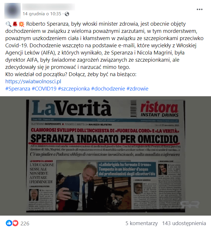 Zrzut ekranu posta na Facebooku. Znajduje się na nim okładka włoskiego dziennika „LaVerita”. 226 reakcji, 143 udostępnienia, 5 komentarzy.