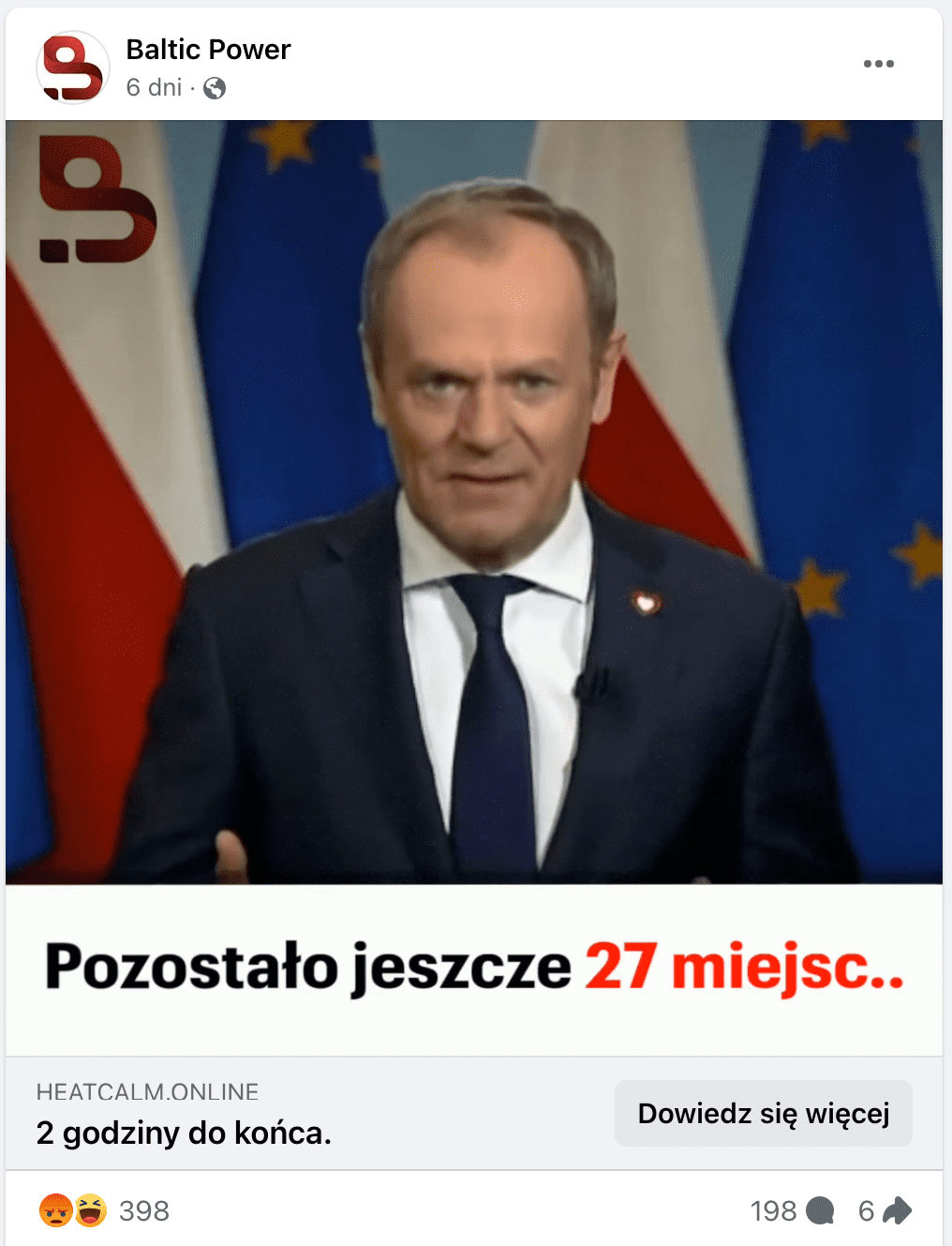 Zrzut ekranu posta na Facebooku. W każde znajduje się Donald Tusk w garniturze, białej koszuli i granatowym krawacie. W tle wiszą flagi Polski i Unii Europejskiej.