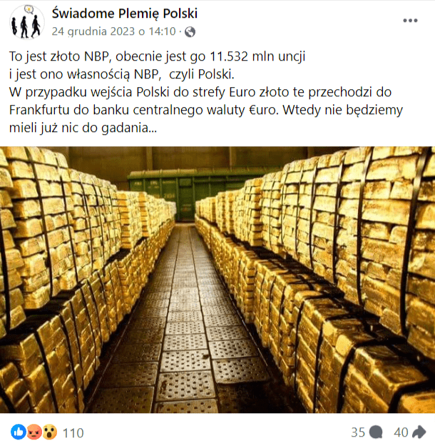 Zrzut ekranu wpisu na Facebooku, w którym napisano, że Polska będzie musiała oddać złoto i pokazano zdjęcie z rezerwami złota w sztabkach. Na wpis zareagowało ponad 100 osób, a udostępniło go 40.