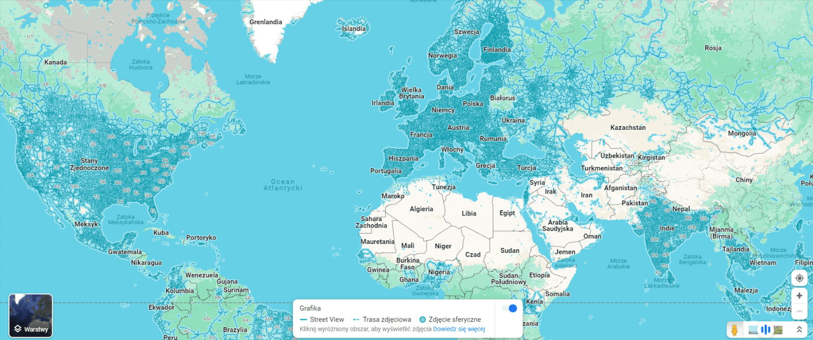 Zrzut ekranu z Google Maps z siatką ulic, które można podejrzeć w Google Street View. Na zrzucie widać, że najwięcej miejsc można zobaczyć w Europie, Indiach oraz Ameryce Północnej.