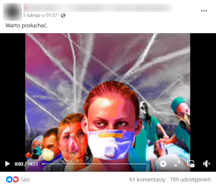 Zrzut ekranu posta i nagrania na Facebooku. Widzimy na nim niebo ze smugami kondensacyjnymi oraz ludzi, którzy mają założone maski. 565 reakcji, 61 komentarzy, 789 udostępnień. 