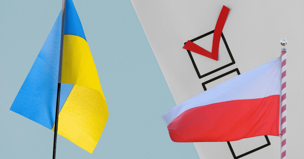 Karta do głosowania, na niej polska flaga powiewająca na wietrze. Po lewej stronie flaga Ukrainy.