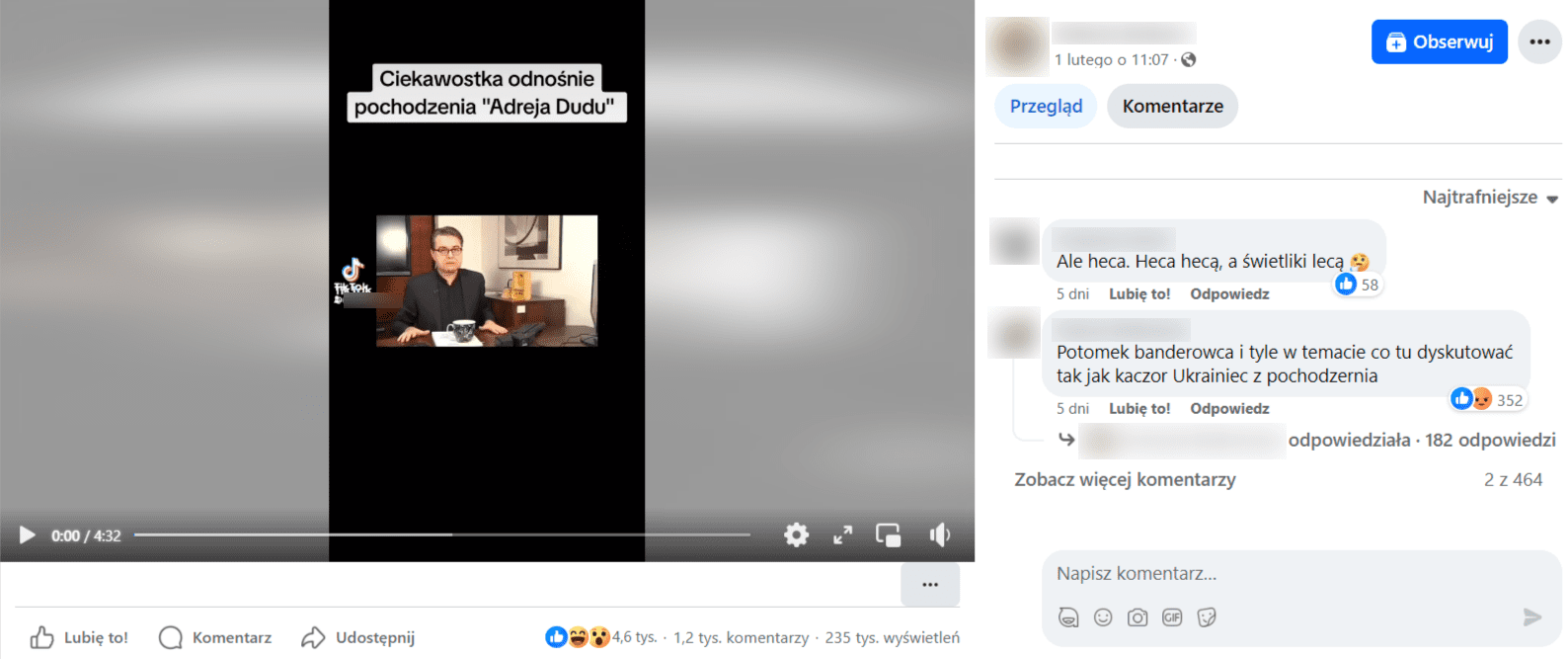 Zrzut ekranu z posta na Facebooku. Mężczyzna siedzący za biurkiem. Na filmie napisano „Ciekawostka odnośnie pochodzenia »Adreja Dudu«”. 4,6 tys. reakcji, 1,2 tys. komentarzy, 235 tys. wyświetleń. 