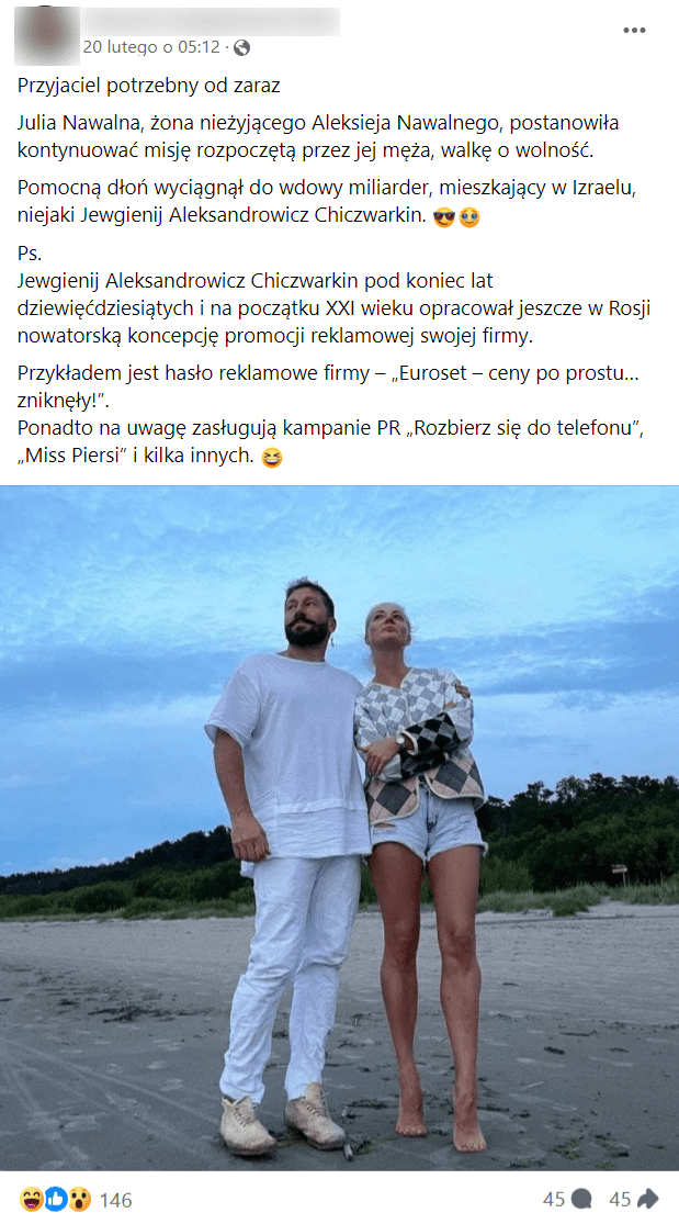 Zrzut ekranu wpisu na Facebooku, w którym opisano relację Julii Nawalnej z rosyjskim miliarderem. Na dołączonym zdjęciu z plaży widać, że kobieta została objęta jedną ręką przez mężczyznę.