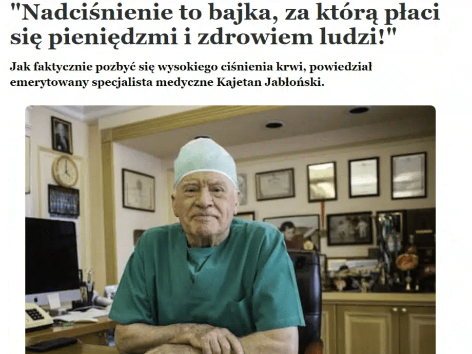 Fragment fałszywego artykułu zawierający zdjęcie rzekomego lekarza Kajetana Jabłońskiego.