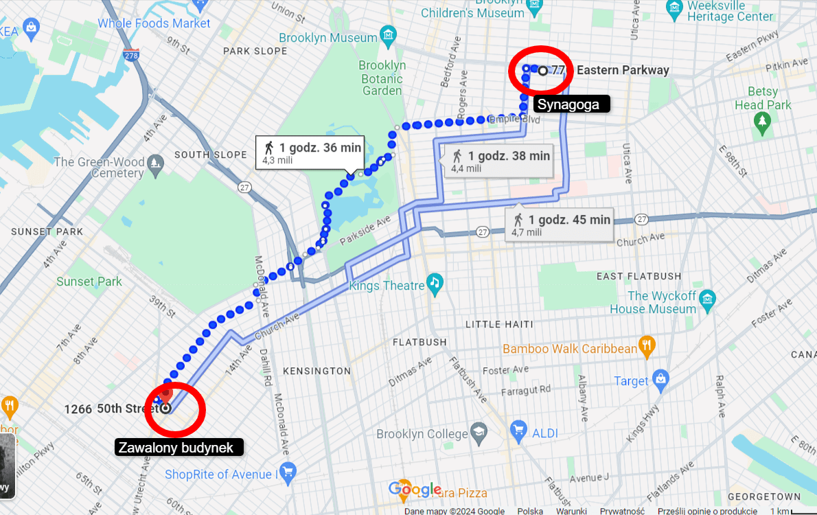Mapa Google z zaznaczeniem odległości między zawalonym budynkiem a synagogą, pod którą znaleziono tunel