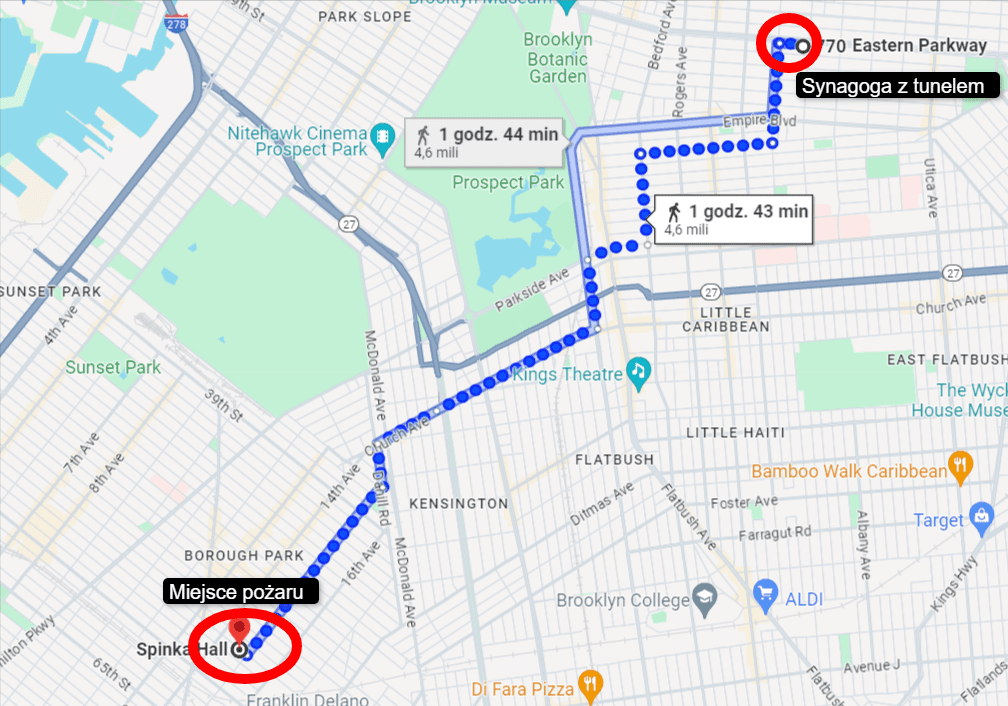 Mapa Google z zaznaczeniem odległości między halą, gdzie doszło do pożaru a synagogą, pod którą znaleziono tunel