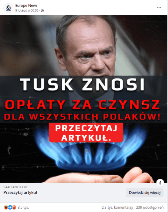 Grafika dołączona do wpisu. Na zdjęciu widać obecnego premiera, a także włączony palnik gazowy. Hasło na grafice brzmi: „Tusk znosi opłaty za czynsz dla wszystkich Polaków!”.