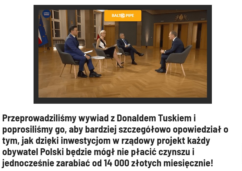 Fragment scamowego artykułu. Na dołączonym zdjęci widać premiera siedzącego na fotelu naprzeciwko trójki dziennikarzy. Od lewej - Piotr Witwicki, Anita Werner, Marek Czyż.