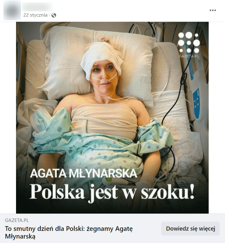 Zrzut ekranu posta na Facebooku. Widzimy na nim rzekomo pobitą Agatę Młynarską leżącą w szpitalu.