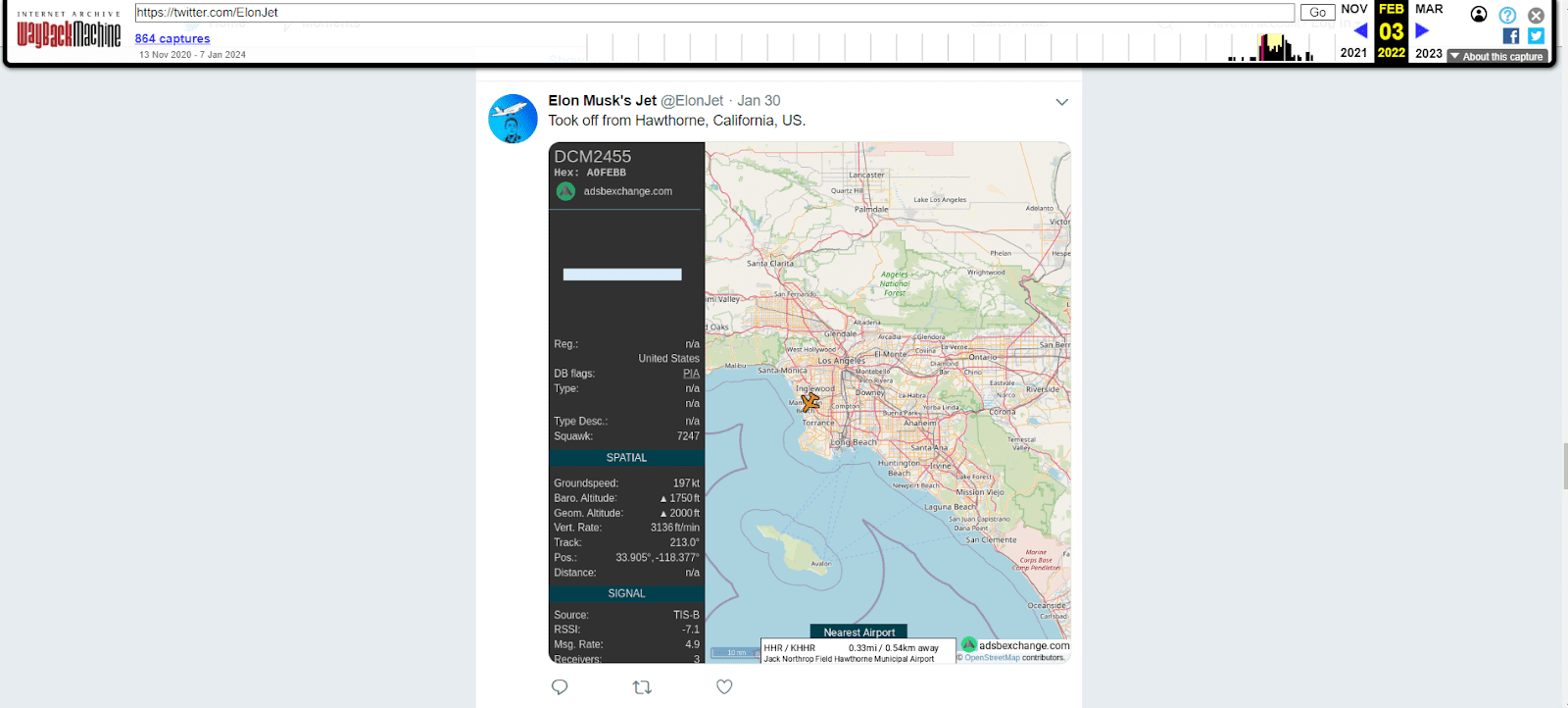 Zrzut ekranu ze zarchiwizowanej wersji konta @ElonJet. Na obrazie widać trasę jednego z przelotów odrzutowca Elona Muska nad Kalifornią.