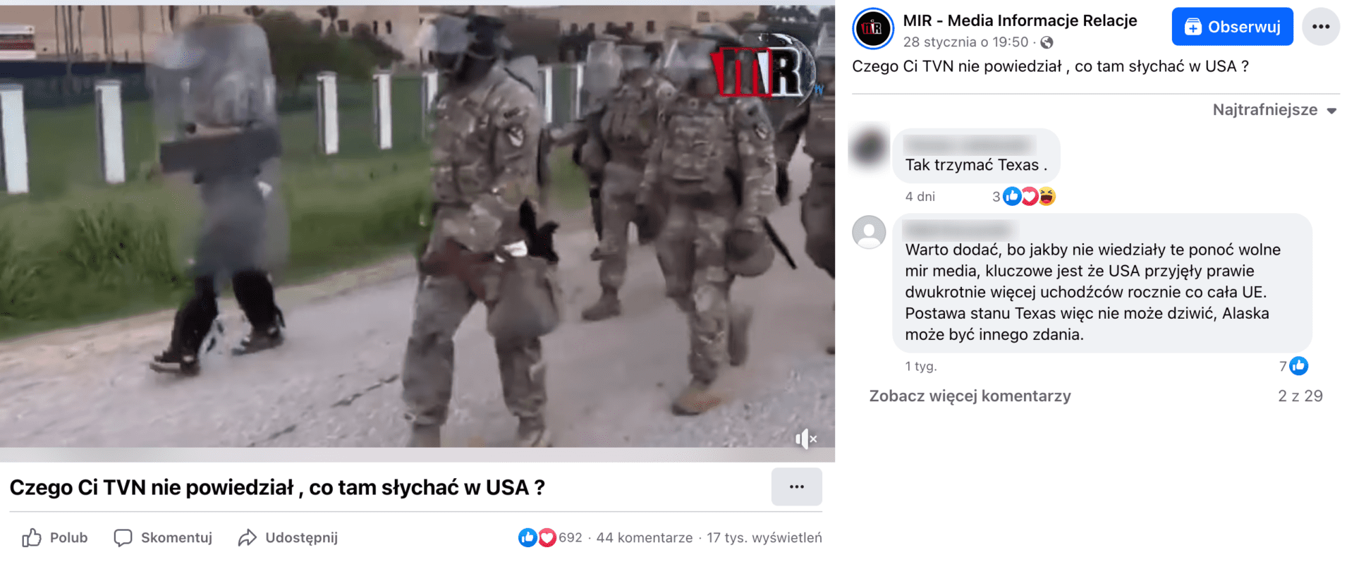 Zrzut ekranu posta na Facebooku. W kadr omawianego filmu pokazuje maszerującą grupę ludzi ubranych w mundury i hełmy ochronne. Niektórzy z nich w ręku trzymają przezroczyste tarcze.
