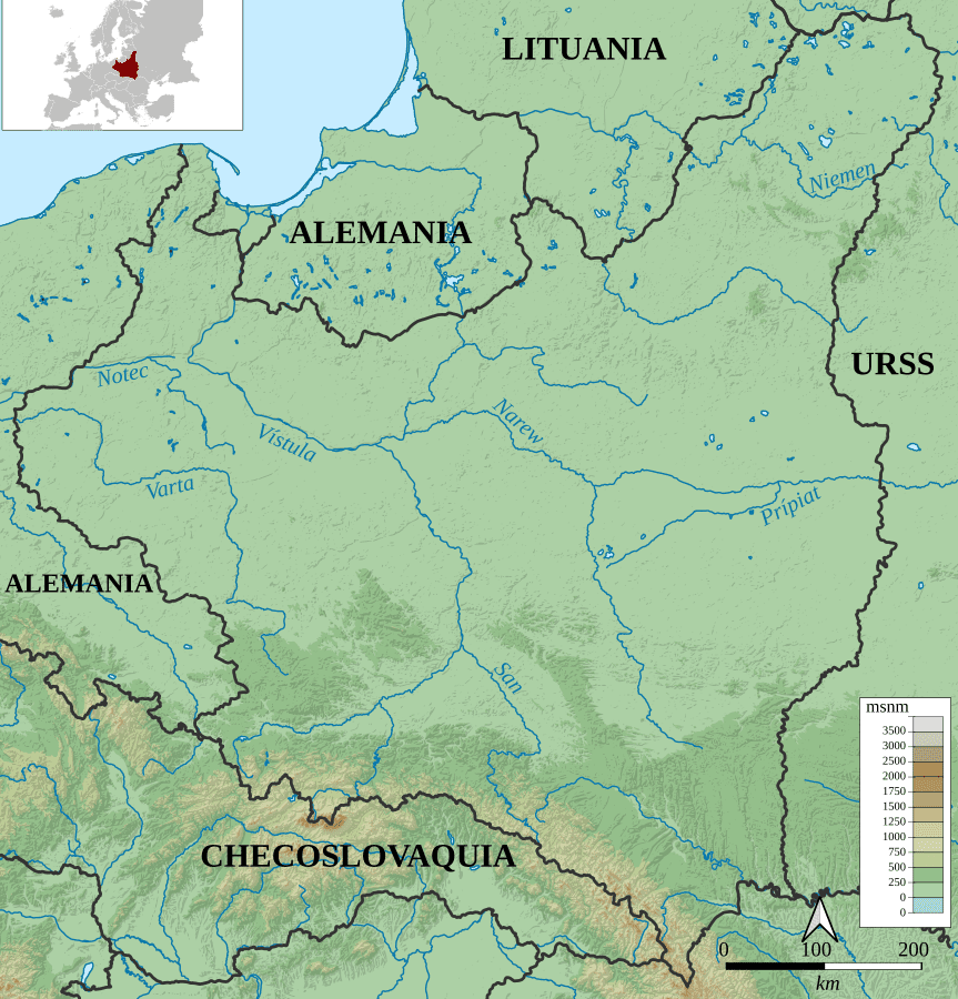 Mapa II Rzeczpospolitej w granicach z 1924 roku do 1938. Na mapie widać, że od północy kraj graniczył z Litwą oraz Niemcami, od wschodu z ZSRR, od południa z Czechosłowacją oraz z Niemcami od zachodu.