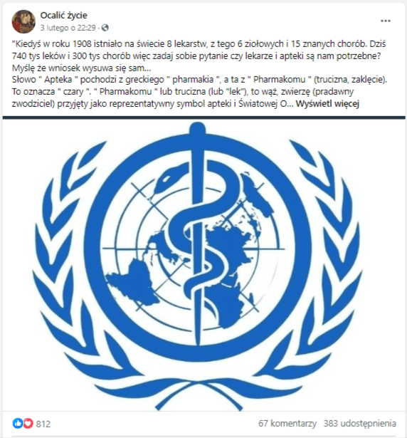 Wpis na Facebooku zawierający fałszywe tezy na tematy medyczne. Na zdjęciu widać logo Światowej organizacji Zdrowia.
