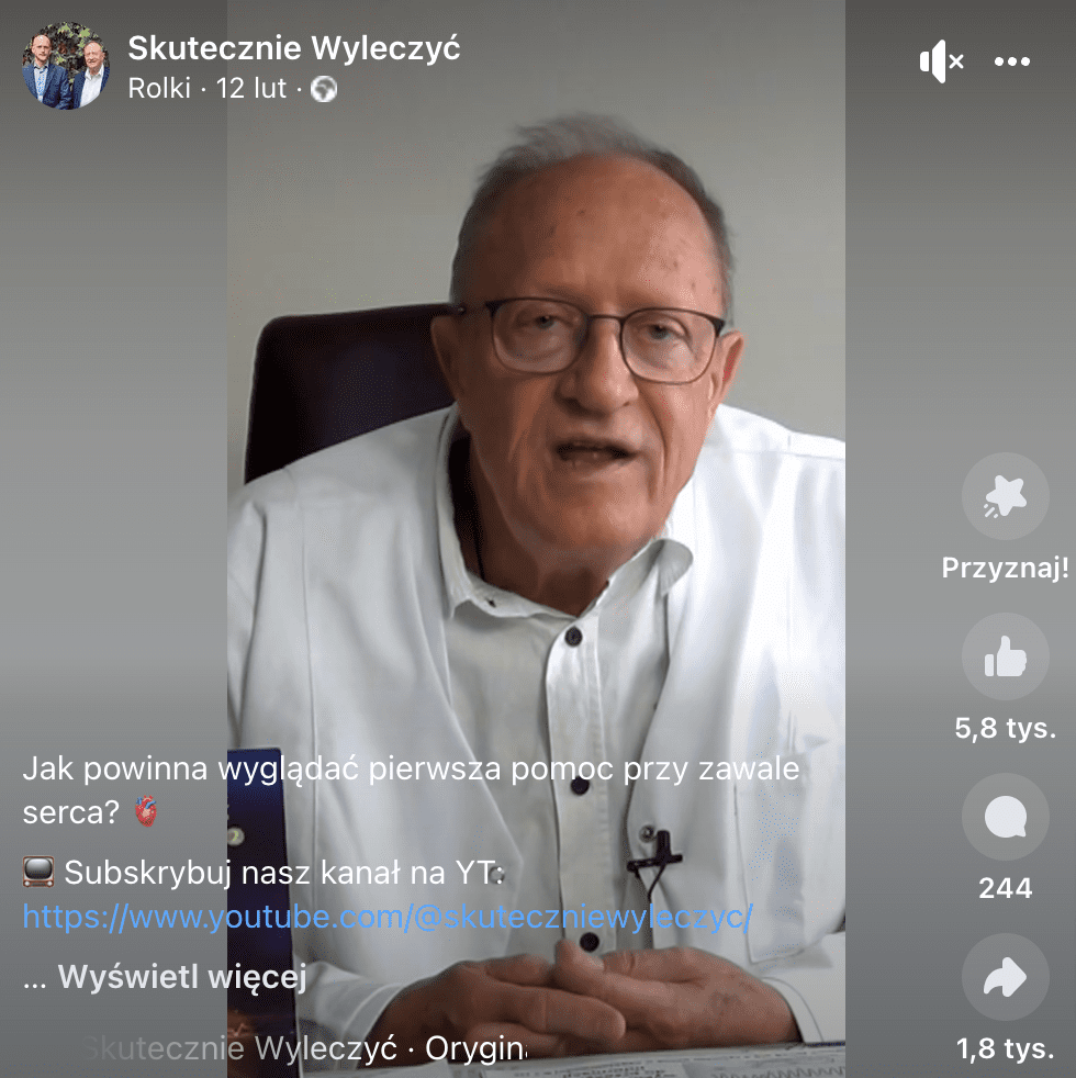 Zrzut ekranu omawianej rolki. Widoczny jest siwy mężczyzna w okularach i białym fartuchu lekarskim. Post zdobył ponad 5,8 reakcji, 244 komentarze i ponad 1,8 udostępnień.