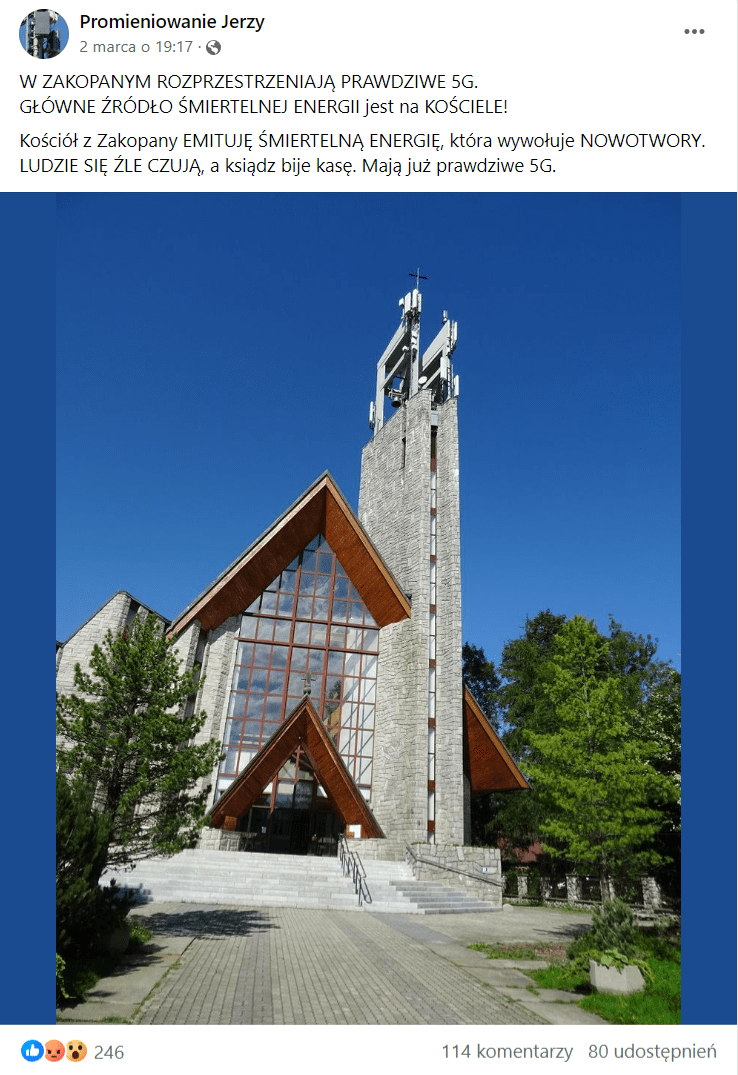 Zrzut ekranu posta na Facebooku. Widzimy na nim przód Kościoła Świętego Krzyża w Zakopanem. 246 reakcji, 114 komentarzy, 80 udostępnień.