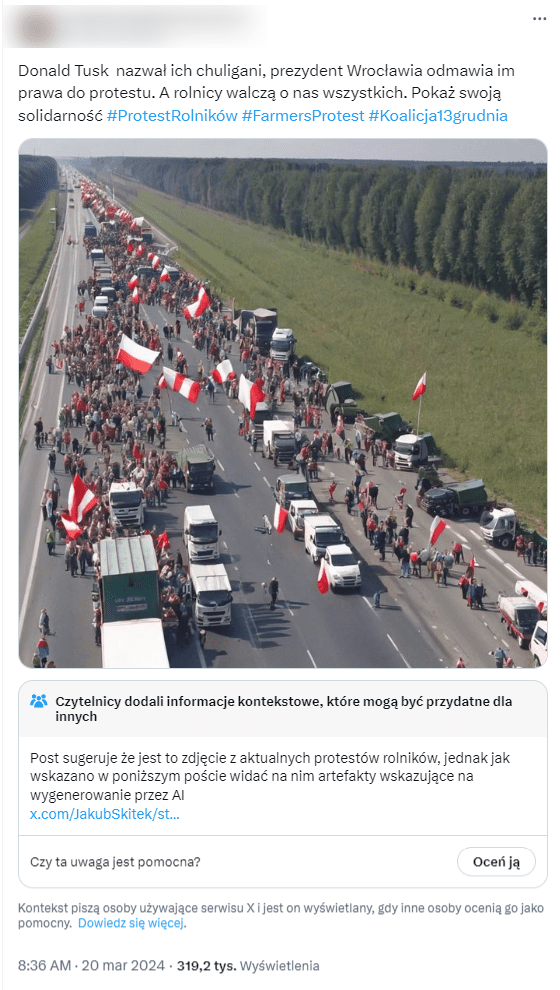 Wpis na Twitterze z grafiką rzekomo przedstawiającą protest. Widać na niej długa asfaltową drogę, po której idą ludzie z biało-czerwonymi flagami. Na drodze jest też kilka pojazdów. Po lewej stronie zdjęcia jest długi pas trawy, który kończy się ścianą drzew 