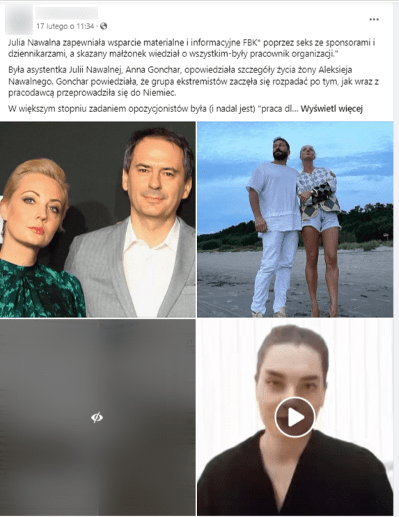 Wpis na Facebooku z rzekomym nagraniem wypowiedzi asystentki Nawalnej. Kobieta stoi na białym tle ubrana w czarną bluzkę