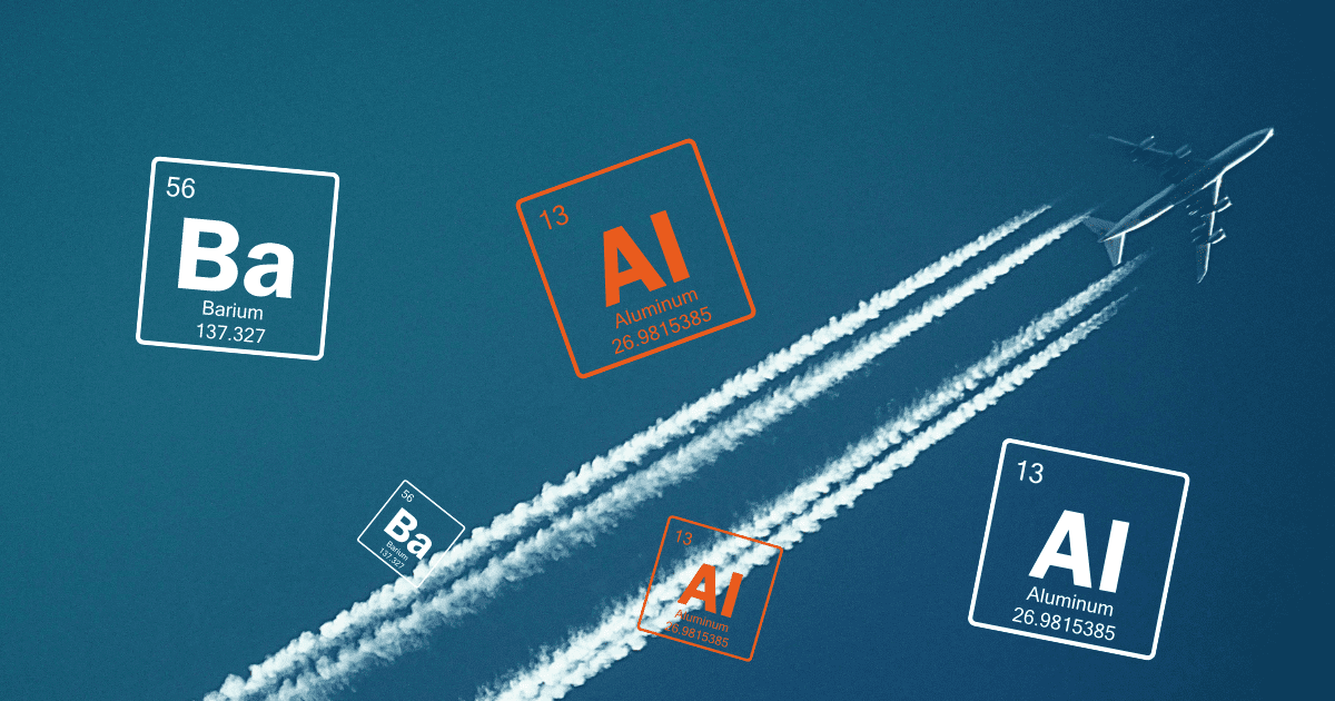 Samolot pozostawiający za sobą smugę, dookoła grafiki pierwiastków – aluminium i bar z tablicy pierwiastków chemicznych.