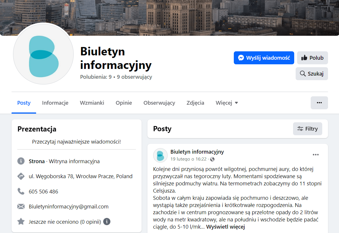 Zrzut ekranu z profilu Biuletyn informacyjny na Facebooku. Profil posiada 9 polubień i nie ma żadnych opinii. 