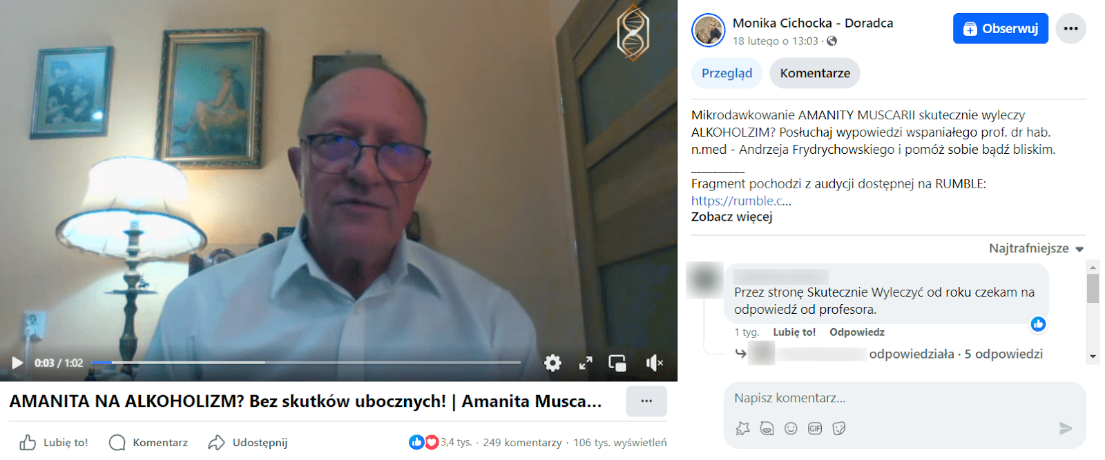 Zrzut ekranu z wpisu z materiałem wideo na Facebooku. Na stopklatce z filmu widać Andrzeja Frydrychowskiego, który znajduje się w pokoju z obrazami na ścianie oraz ze słabym oświetleniem z lampki z abażurem.