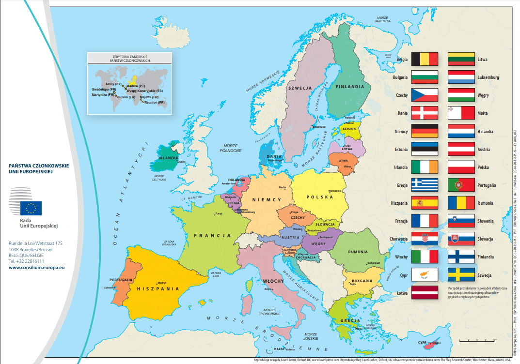 Mapa krajów członkowskich w Unii Europejskiej – w sumie jest ich 27. Na mapie Europy widać zaznaczone kraje, które należą do wspólnoty, a po prawej stronie zaprezentowano ich flagi.