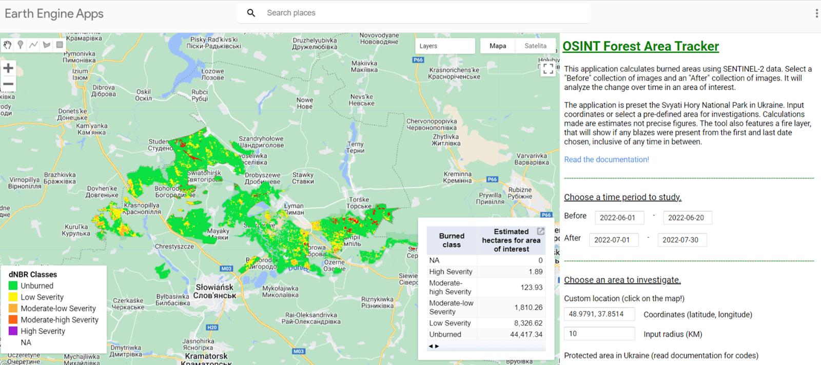 Zrzut ekranu z OSINT Forest Area Tracker, na którym widać zmiany w strukturze lasów w Ukrainie. Na mapie widać tereny na północ od Słowiańska.