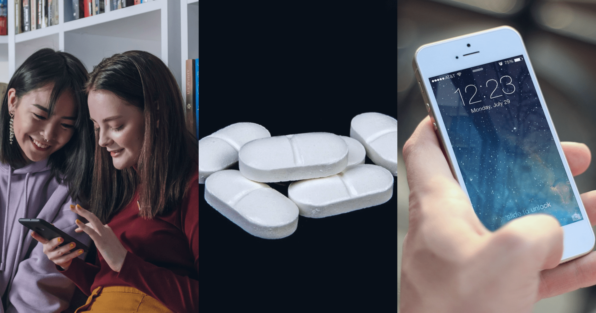 Dwie nastolatki patrzą w ekran smartfona, obok tabletki paracetamolu, a dalej dłoń trzymająca telefon komórkowy