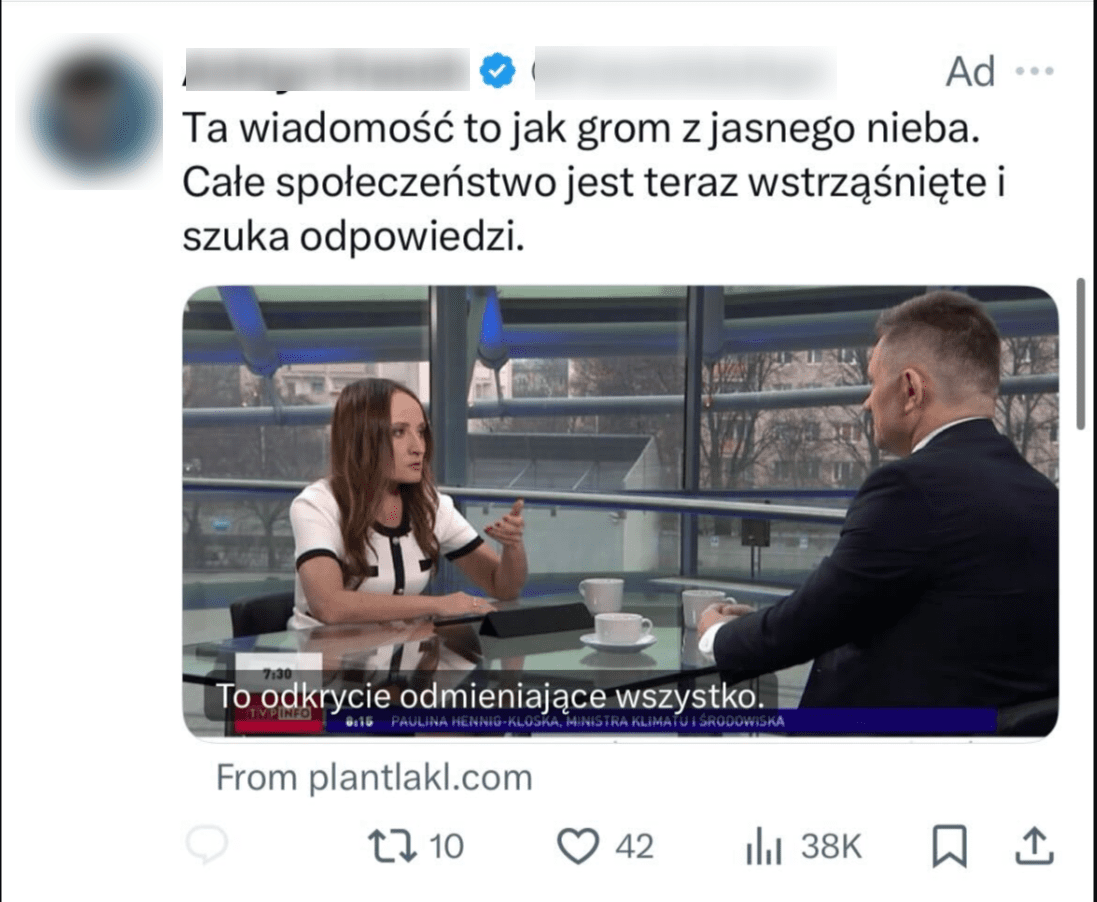 Wpis na Twitterze z fragmentem programu TVP Info, gdzie w studiu widać siedzącą przodem do kamery Justynę Dobrosz-Oracz.