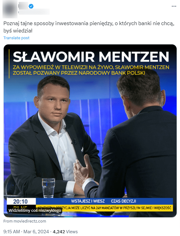 Wpis na Twitterze z dołączonym zdjęciem, na którym widać Sławomira Mentzena udzielającego telewizyjnego wywiadu.