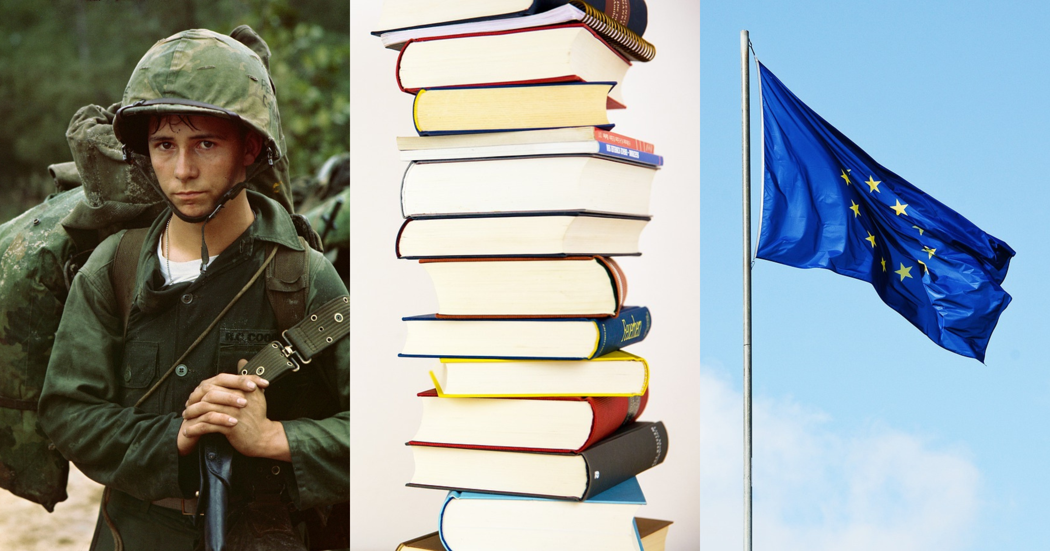 Młody chłopiec ubrany w morowy strój wojenny, stos książek i flaga Unii Europejskiej