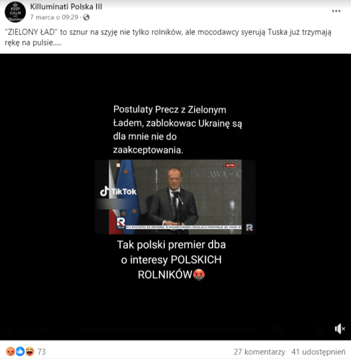 Zrzut ekranu wpisu na Facebooku, do którego dołączono krótkie nagranie z udziałem Donalda Tuska. Na stopklatce widać polityka, który przemawia na tle polskiej i unijnej flagi.