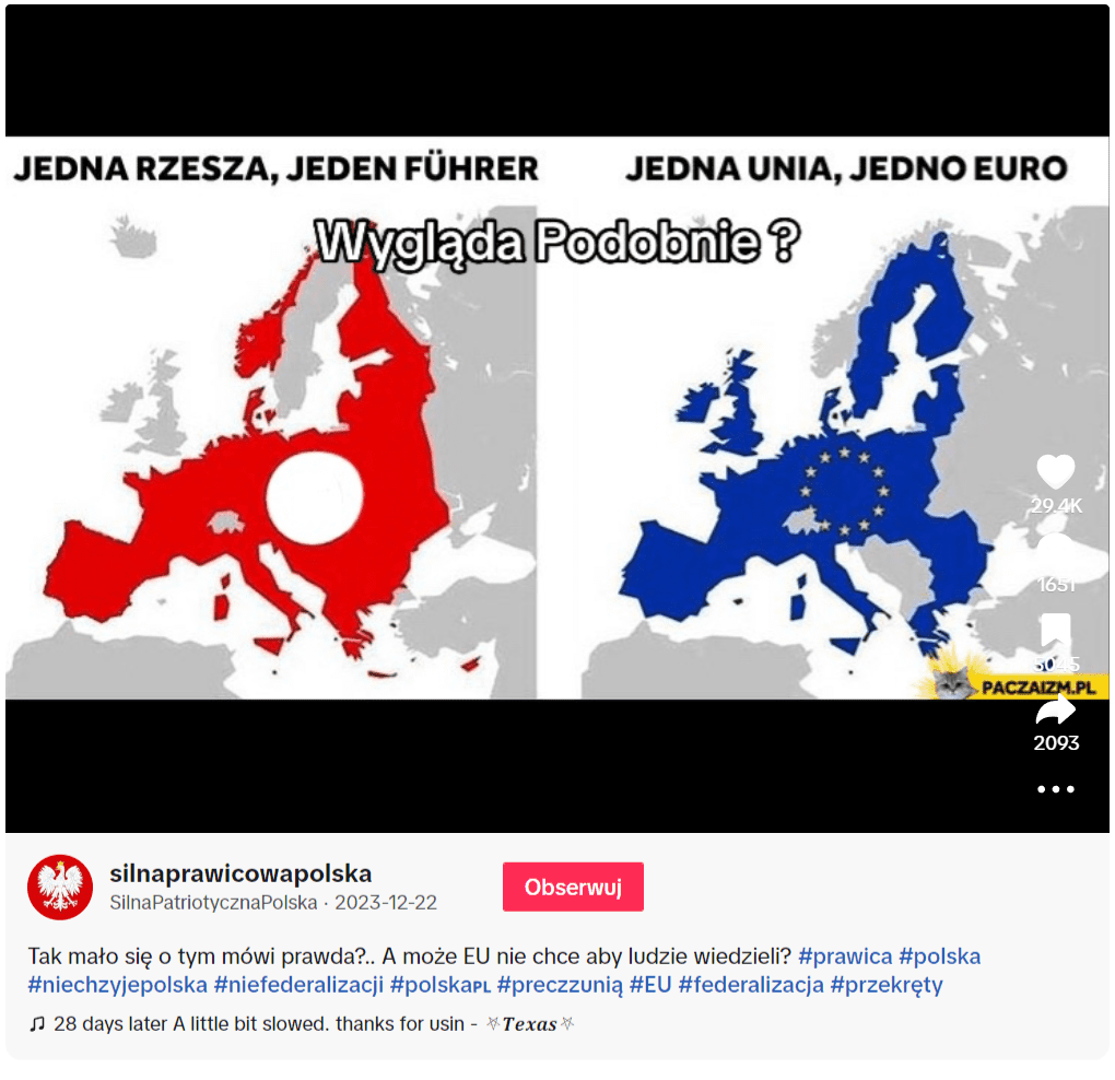Zrzut ekranu na TikToka – w materiale widać zestawienie dwóch map, w tym jednej III Rzeszy oraz Unii Europejskiej. Na obu mapach znajdują się błędne lub nieaktualne informacje o kształcie terytorialnym.