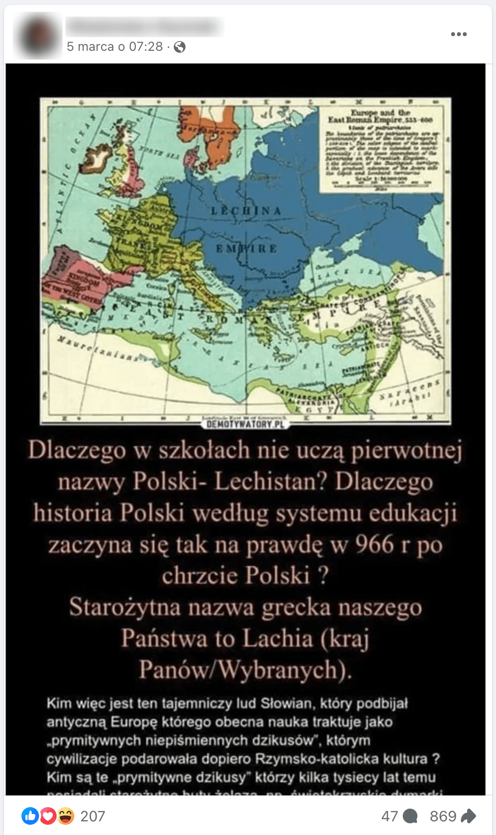 Zrzut ekranu posta na Facebooku. Na grafice podpisanej adresem serwisu „Demotywatory” widać rzekomą mapę Wielkiej Lechii. 