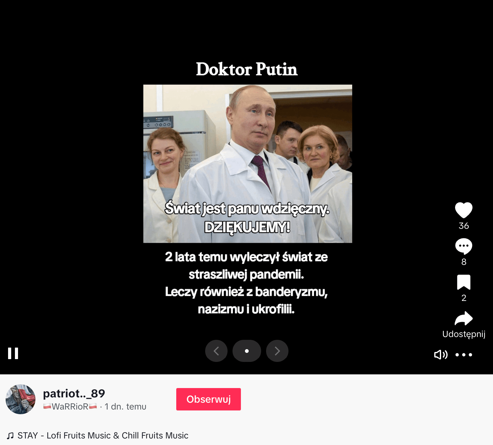 Zrzut ekranu jednego z omawianych nagrań. Widoczny jest Władimir Putin w białym fartuchu i pod krawatem. Film zdobył 36 polubień, 8 komentarzy, 2 osoby zapisały go.