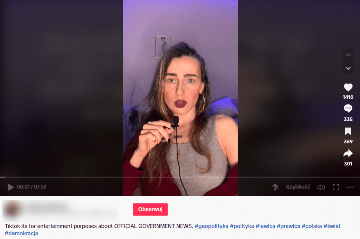 Zrzut ekranu z nagrania na TikToku. Na nagraniu widać kobietę, która trzyma w dłoni mikrofon. Wideo uzyskało 1410 polubień, 335 komentarzy oraz 5783 udostępnienia.