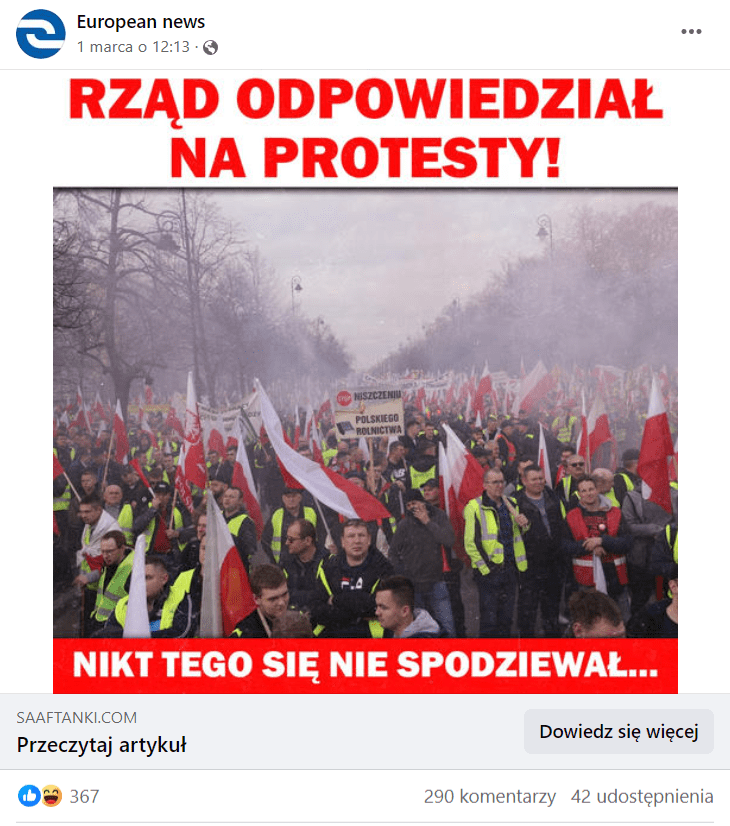 Zrzut ekranu posta na Facebooku. Widzimy na nim protestujących ludzi, flagę Polski i napis: „Rząd odpowiedział na protesty! Nikt się tego nie spodziewał”. 367 reakcji, 290 komentarzy, 42 udostępnienia.